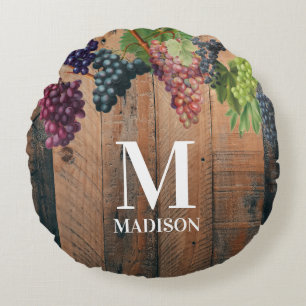 Rustic Vineyard Wood & Grapes Monogram Rond Kussen