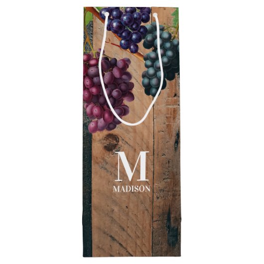 Rustic Vineyard Wood & Grapes Monogram Wijn Cadeautas (Achterkant)
