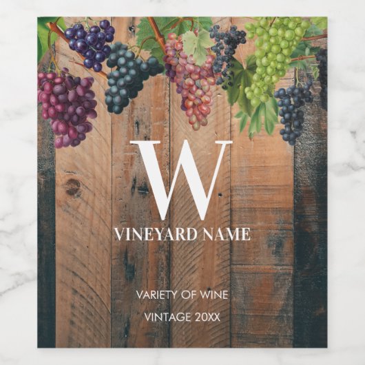 Rustic Vineyard Wood & Grapes Monogram Wijn Etiket (Enkel label)