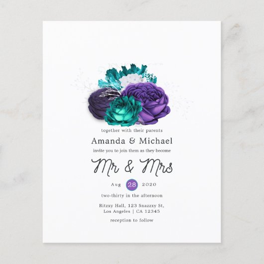 Rustic Violet en Turquoise Floral Wedding Invite Flyer (Voorkant)