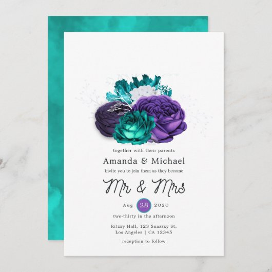 Rustic Violet en Turquoise Floral Wedding Kaart (Voorkant / Achterkant)