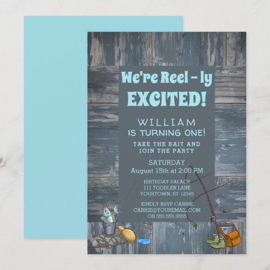 Rustic Vissen Boy First Birthday Party Invitation Kaart (Voorkant / Achterkant)