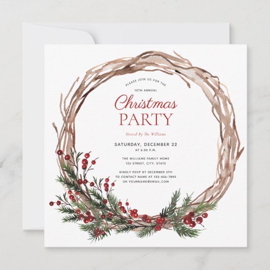 Rustic Warm Red Winter Wreate kerstparty Kaart (Voorkant)