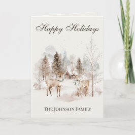 Rustic Watercolor Deer Winter Forest Christmas Kaart