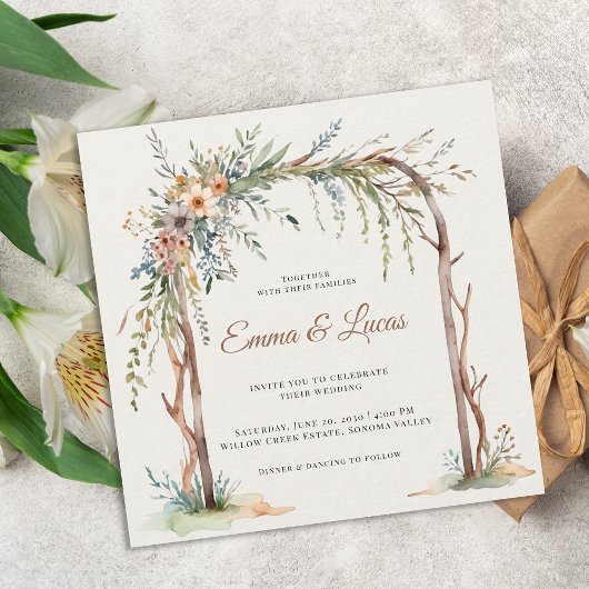 Rustic Watercolor Floral Arch Wedding Invitation