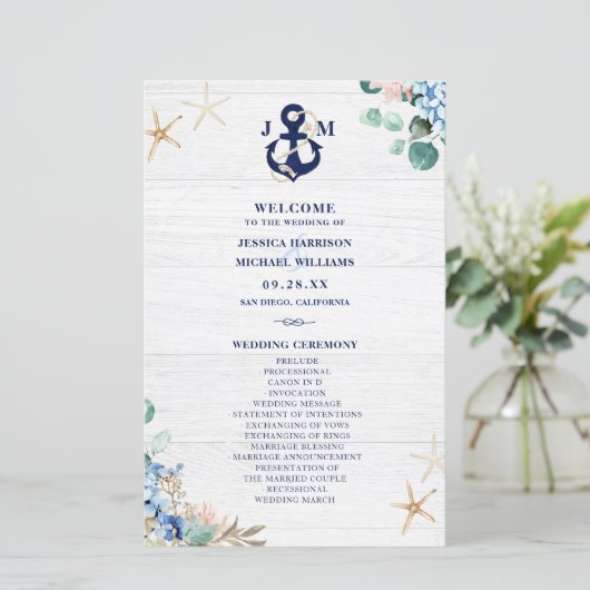 Rustic Watercolor Floral Beach Wedding Programme (Debout devant)