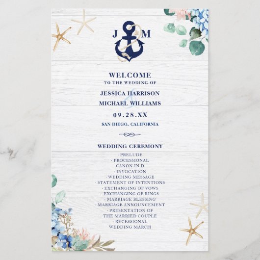 Rustic Watercolor Floral Beach Wedding Programme (Devant)