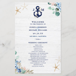 Rustic Watercolor Floral Beach Wedding Programme