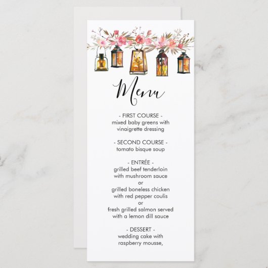 Rustic Watercolor Floral Lantern Menu Mariage (Devant / Derrière)