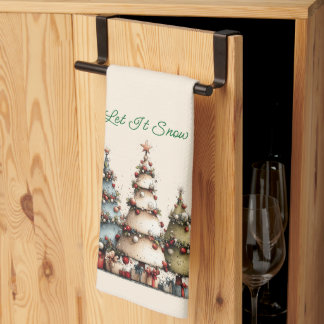 Rustic Watercolor Kerstbomen Laat het Sneeuwen Theedoek