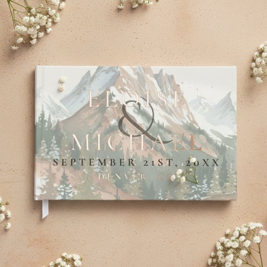 Rustic Watercolor Mountain Copper Brown Wedding