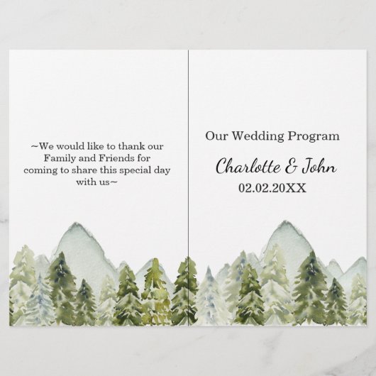 Rustic Watercolor Mountains Pine Wedding programme (Devant)