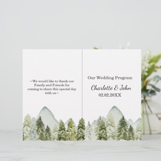 Rustic Watercolor Mountains Pine Wedding programme (Debout devant)