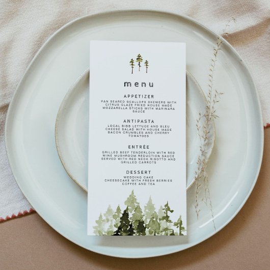 Rustic Watercolor Pine Tree Wedding Menu