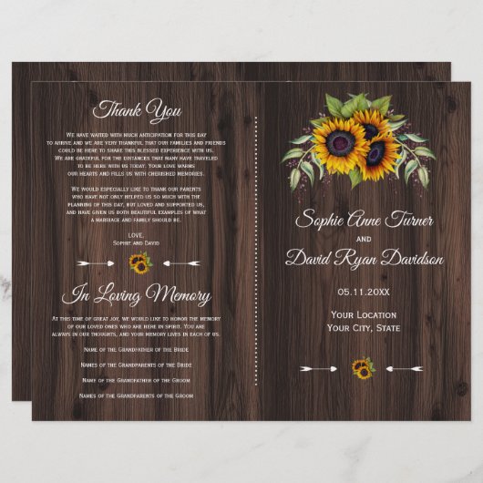 Rustic Watercolor Sunflower Programme de mariage e (Devant / Derrière)