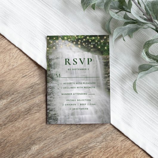 Rustic Waterfall String Lights Wedding RSVP Kaartje