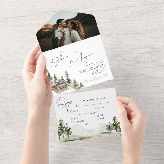 Rustic Waterverf Forest Destination Photo Wedding All In One Uitnodiging (Afscheurbaar)