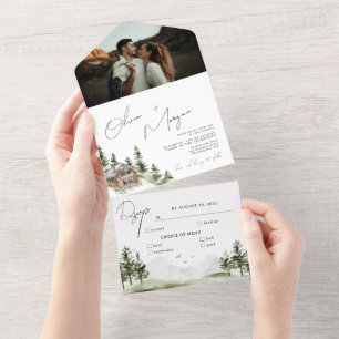 Rustic Waterverf Forest Destination Photo Wedding All In One Uitnodiging