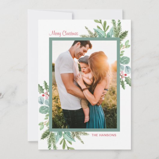 Rustic Waterverf Greenery Foto Merry Kerstmis Feestdagenkaart (Voorkant)