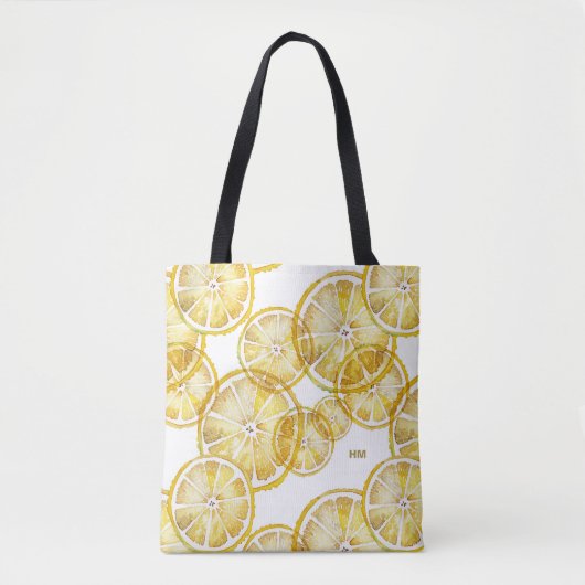 Rustic Waterverf Lemon Slices Pattern Monogram Draagtas (Voorkant)