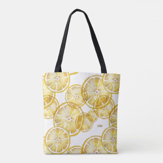 Rustic Waterverf Lemon Slices Pattern Monogram Draagtas (Achterkant)