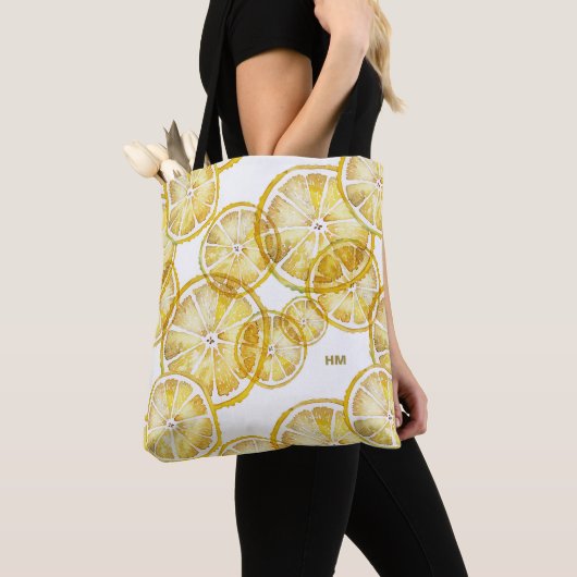 Rustic Waterverf Lemon Slices Pattern Monogram Draagtas (Dichtbij)
