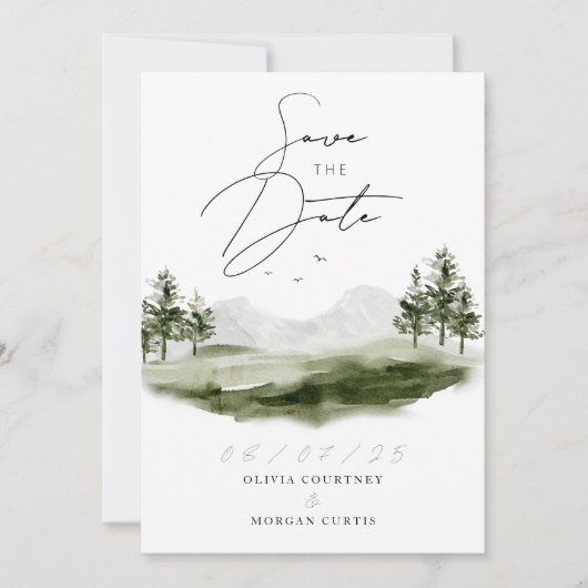 Rustic Waterverf Mountain Forest Wedding Foto Save The Date (Voorkant)