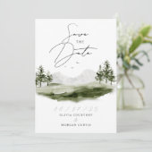 Rustic Waterverf Mountain Forest Wedding Foto Save The Date (Staand voorkant)