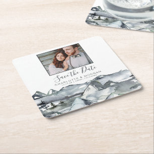 Rustic Waterverf Mountain Photo Save the Date Vierkante Kartonnen Onderzetter