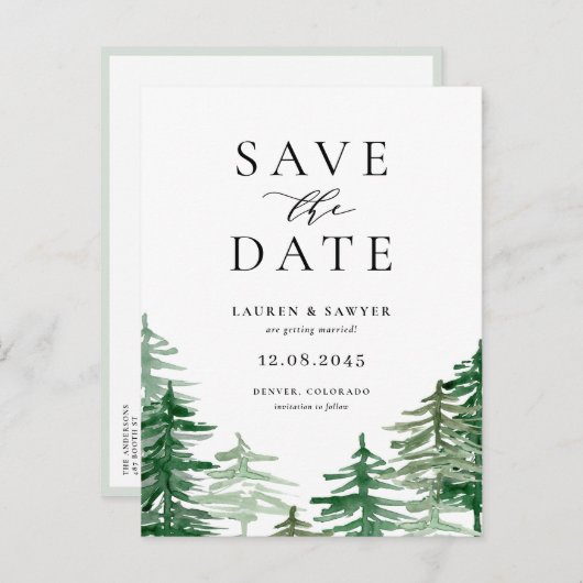 Rustic Waterverf Woodland Forest Save the Date Aankondigingskaart (Voorkant / Achterkant)