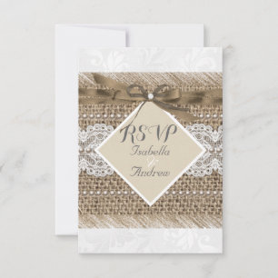 Rustic Wedding Beige lace Burlap Pearl White RSVP Kaart