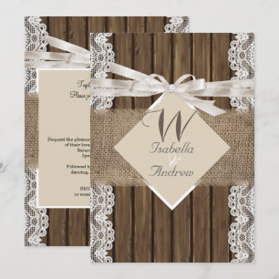 Rustic Wedding Beige White Lace Wood Burlap 3 Kaart