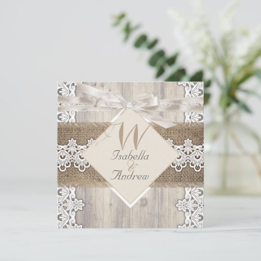 Rustic Wedding Beige White Lace Wood Burlap AB Kaart (Staand voorkant)