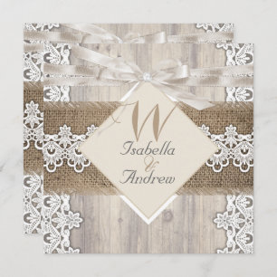 Rustic Wedding Beige White Lace Wood Burlap AB Kaart