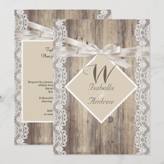 Rustic Wedding Beige White Lace Wood Kaart (Voorkant / Achterkant)