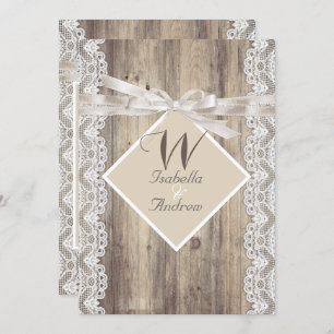 Rustic Wedding Beige White Lace Wood Kaart