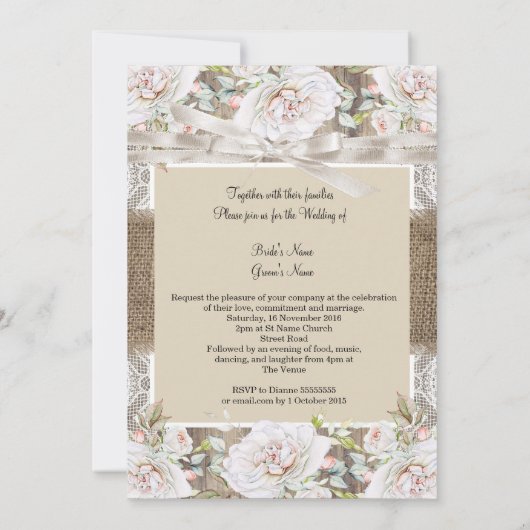 Rustic Wedding Beige White Roses Wood Burlap Kaart (Achterkant)