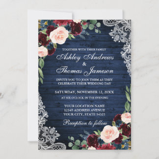 Rustic Wedding Blue Wood Burgundy Blue Floral Kaart