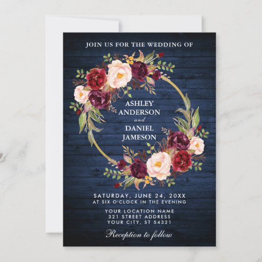 Rustic Wedding Blue Wood Burgundy Wreath Invite Kaart (Voorkant)