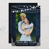 Rustic Wedding Blue Wood Lightlace Save the Date (Voorkant / Achterkant)