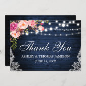 Rustic Wedding Blue Wood Pink Floral Lights Bedankkaart (Voorkant / Achterkant)