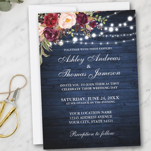 Rustic Wedding Burgundy Floral Blue Wood Lichten Kaart