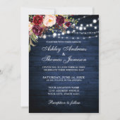 Rustic Wedding Burgundy Floral Blue Wood Lichten Kaart (Voorkant)