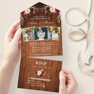 Rustic Wedding Burgundy Floral Wood 3 Foto All In One Uitnodiging
