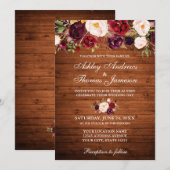 Rustic Wedding Burgundy Floral Wood Invite Kaart (Voorkant / Achterkant)