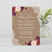 Rustic Wedding Burlap Burgundy Floral Lace Invite Kaart (Staand voorkant)
