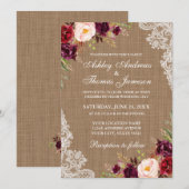 Rustic Wedding Burlap Burgundy Floral Lace Invite Kaart (Voorkant / Achterkant)