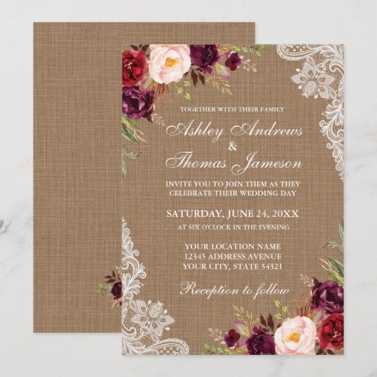 Rustic Wedding Burlap Burgundy Floral Lace Invite Kaart (Voorkant / Achterkant)