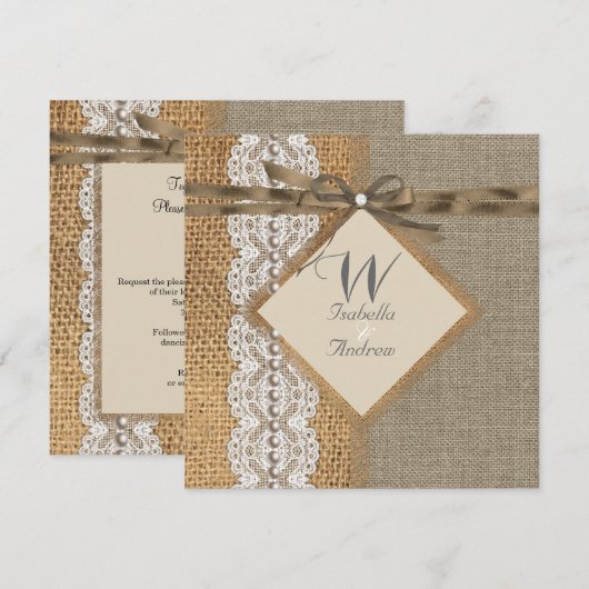 Rustic Wedding Burlap Hessian Lace Pearl Kaart (Voorkant / Achterkant)