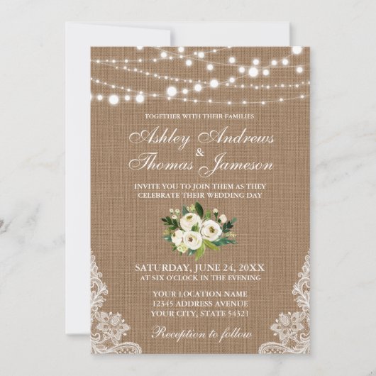 Rustic Wedding Burlap Lace Floral Invite G Kaart (Voorkant)
